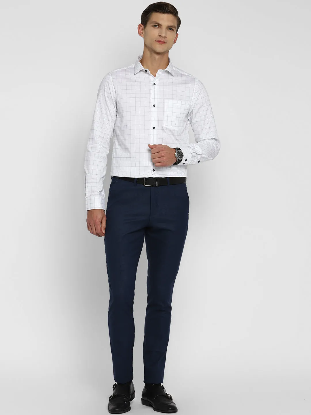 100% Cotton White Checkered Slim Fit Full Sleeve Formal Shirt