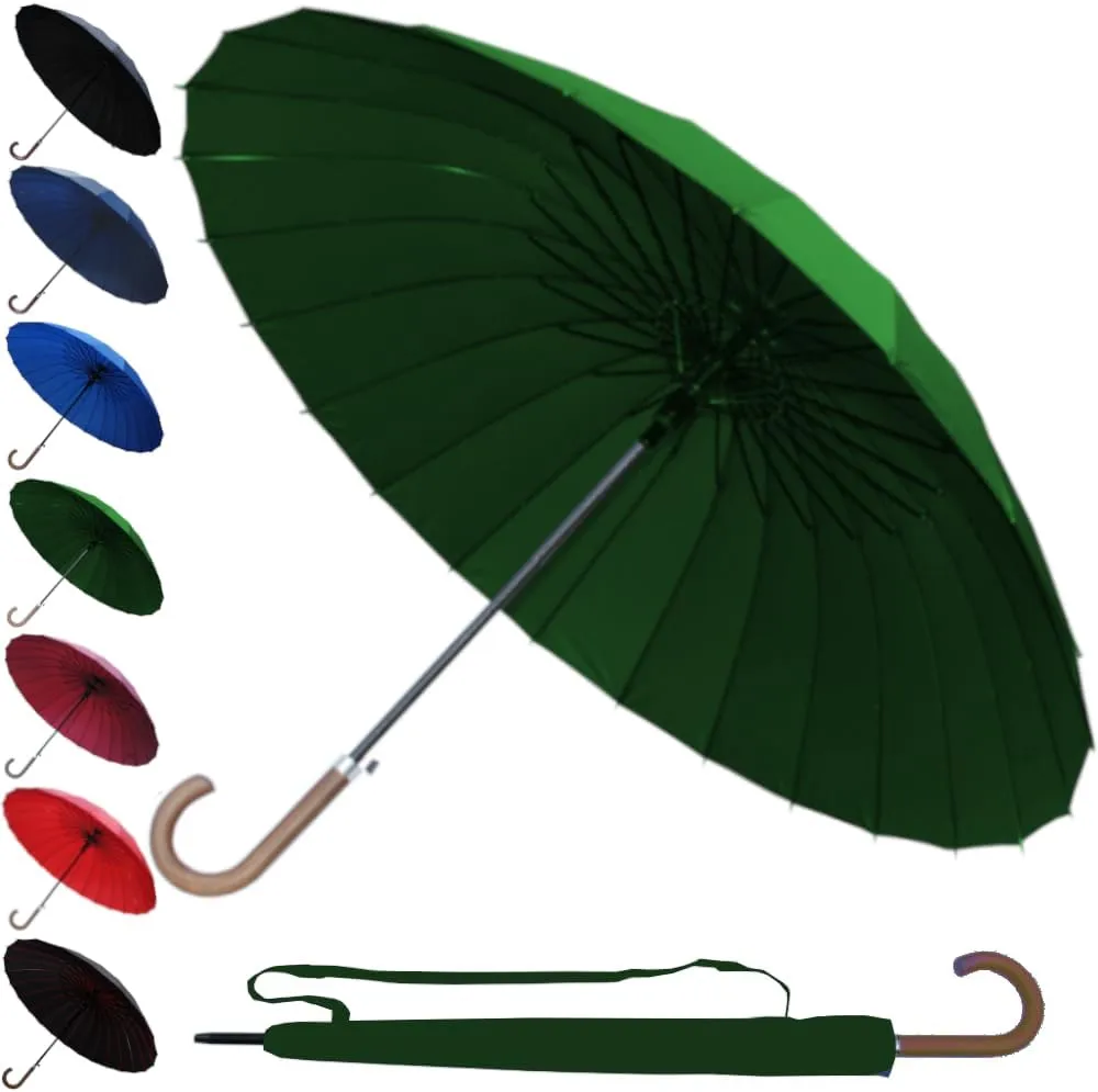 60MPH Windproof 24 Rib Large Strong Umbrella - XL Automatic Heavy Duty Golf Umbrella For Rain and Wind - 3 Layer Frame - Wooden Hook Handle - Best for Most Ribs