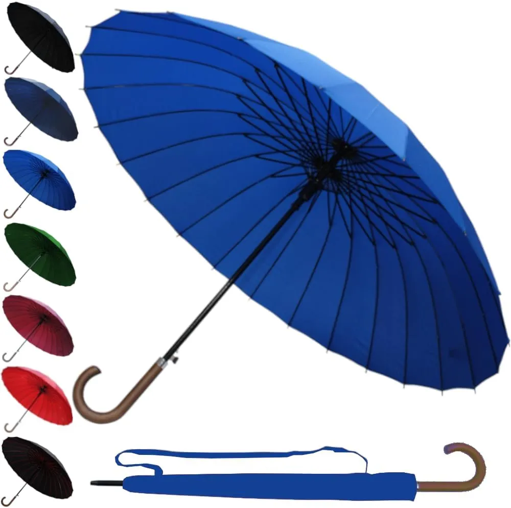 60MPH Windproof 24 Rib Large Strong Umbrella - XL Automatic Heavy Duty Golf Umbrella For Rain and Wind - 3 Layer Frame - Wooden Hook Handle - Best for Most Ribs