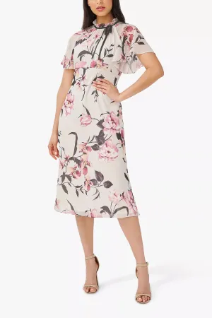 Adrianna Papell Halter Neck Short Flutter Sleeves Back Zipper Midi Floral Dress