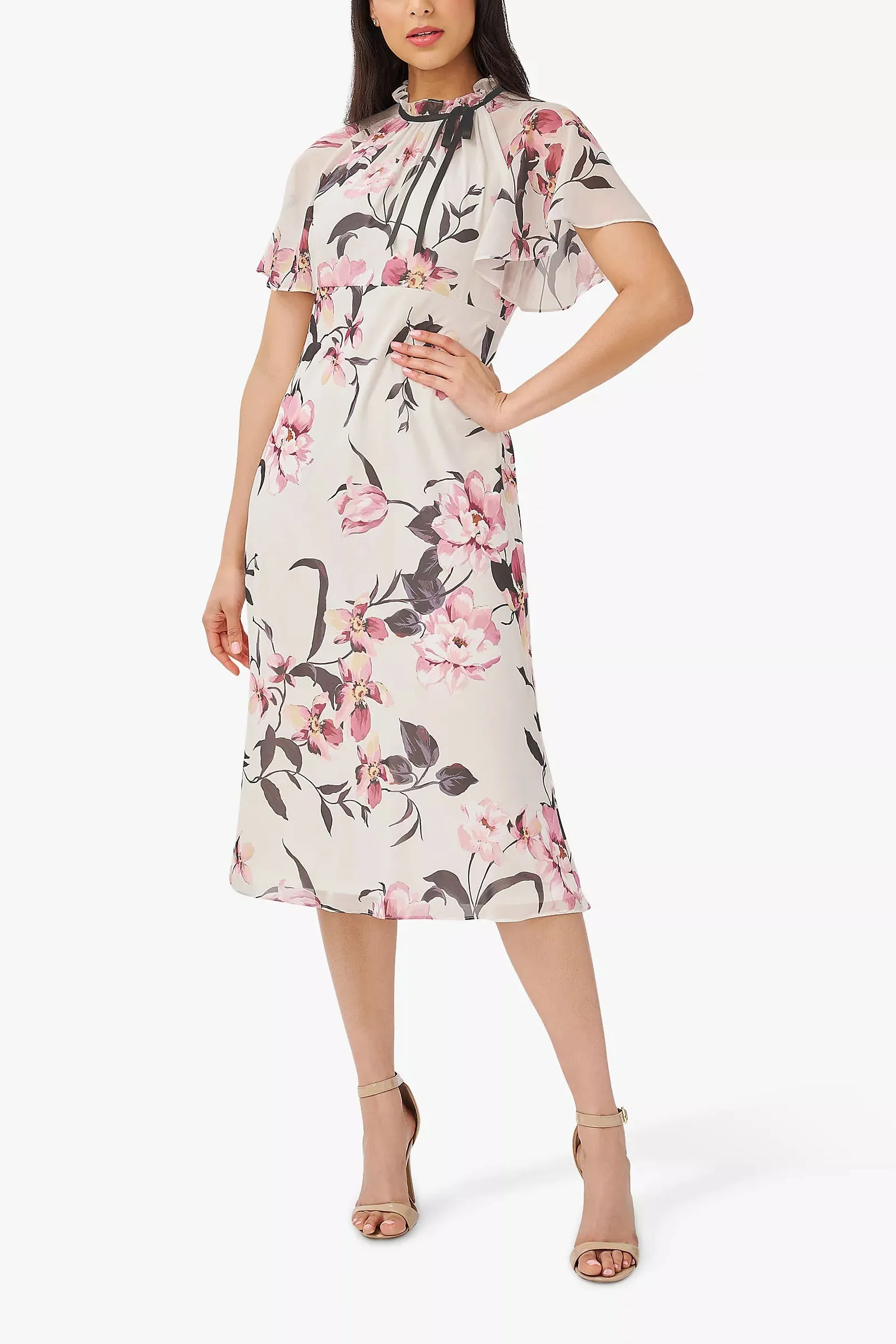 Adrianna Papell Halter Neck Short Flutter Sleeves Back Zipper Midi Floral Dress