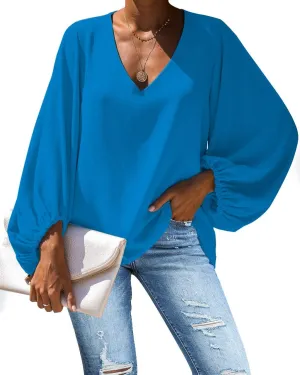 Amzbeauty Women's Sweet & Cute Shirt Balloon Sleeve V-Neck Solid Color & Polka Dots Blouse Top
