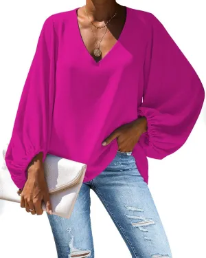 Amzbeauty Women's Sweet & Cute Shirt Balloon Sleeve V-Neck Solid Color & Polka Dots Blouse Top