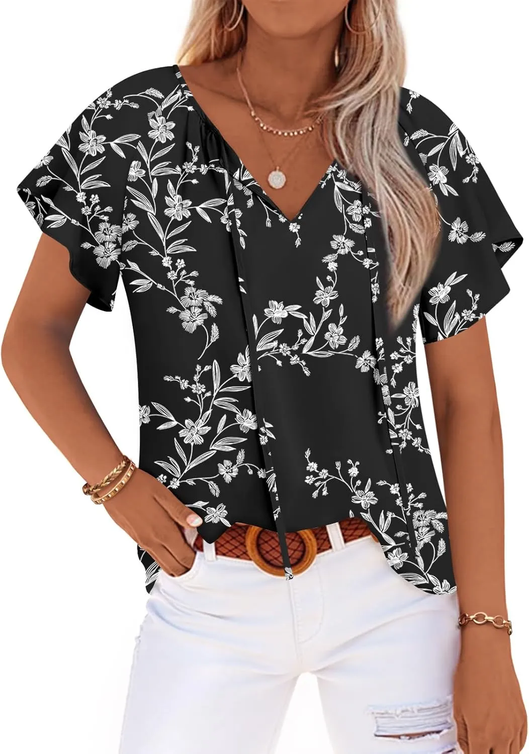 Anydoll Womens Summer Blouse 2025 Boho Short Sleeve Tops V Neck Casual Dressy Chiffon Shirts