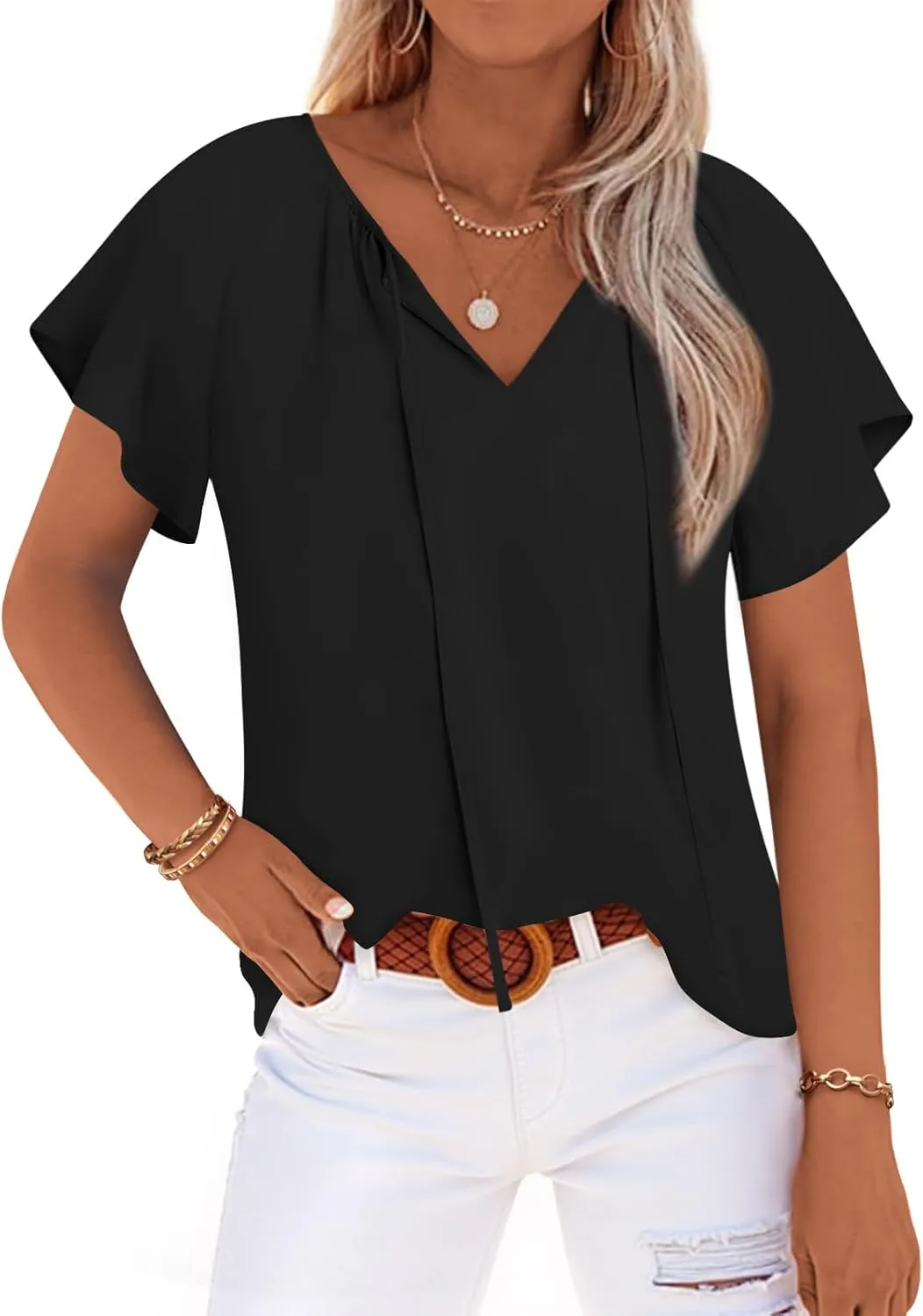 Anydoll Womens Summer Blouse 2025 Boho Short Sleeve Tops V Neck Casual Dressy Chiffon Shirts