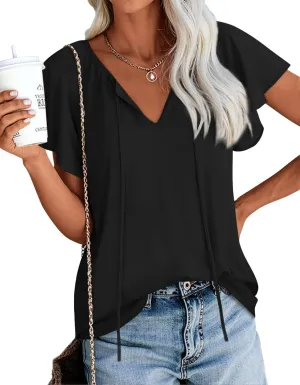 Anydoll Womens Summer Blouse 2025 Boho Short Sleeve Tops V Neck Casual Dressy Chiffon Shirts