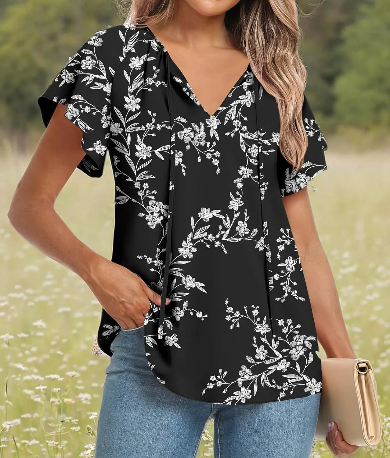 Anydoll Womens Summer Blouse 2025 Boho Short Sleeve Tops V Neck Casual Dressy Chiffon Shirts
