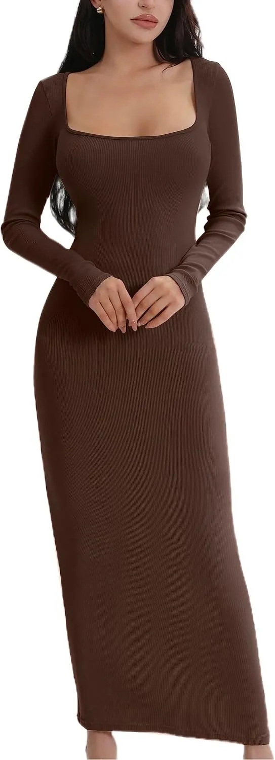 AYWA Women's Long Sleeve Square Neck Maxi Dress Ribbed Knitted Soft Lounge Bodycon Dress
