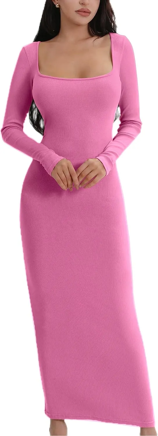 AYWA Women's Long Sleeve Square Neck Maxi Dress Ribbed Knitted Soft Lounge Bodycon Dress
