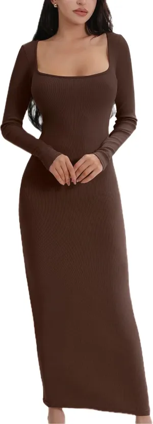 AYWA Women's Long Sleeve Square Neck Maxi Dress Ribbed Knitted Soft Lounge Bodycon Dress
