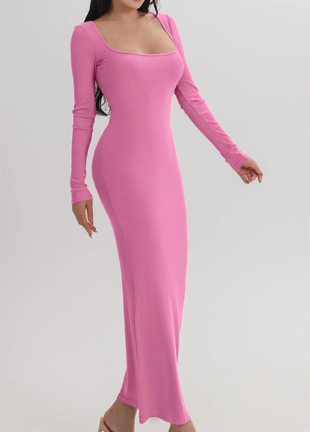 AYWA Women's Long Sleeve Square Neck Maxi Dress Ribbed Knitted Soft Lounge Bodycon Dress