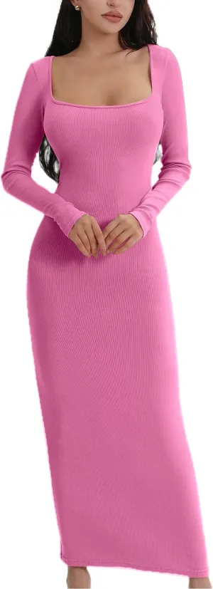 AYWA Women's Long Sleeve Square Neck Maxi Dress Ribbed Knitted Soft Lounge Bodycon Dress