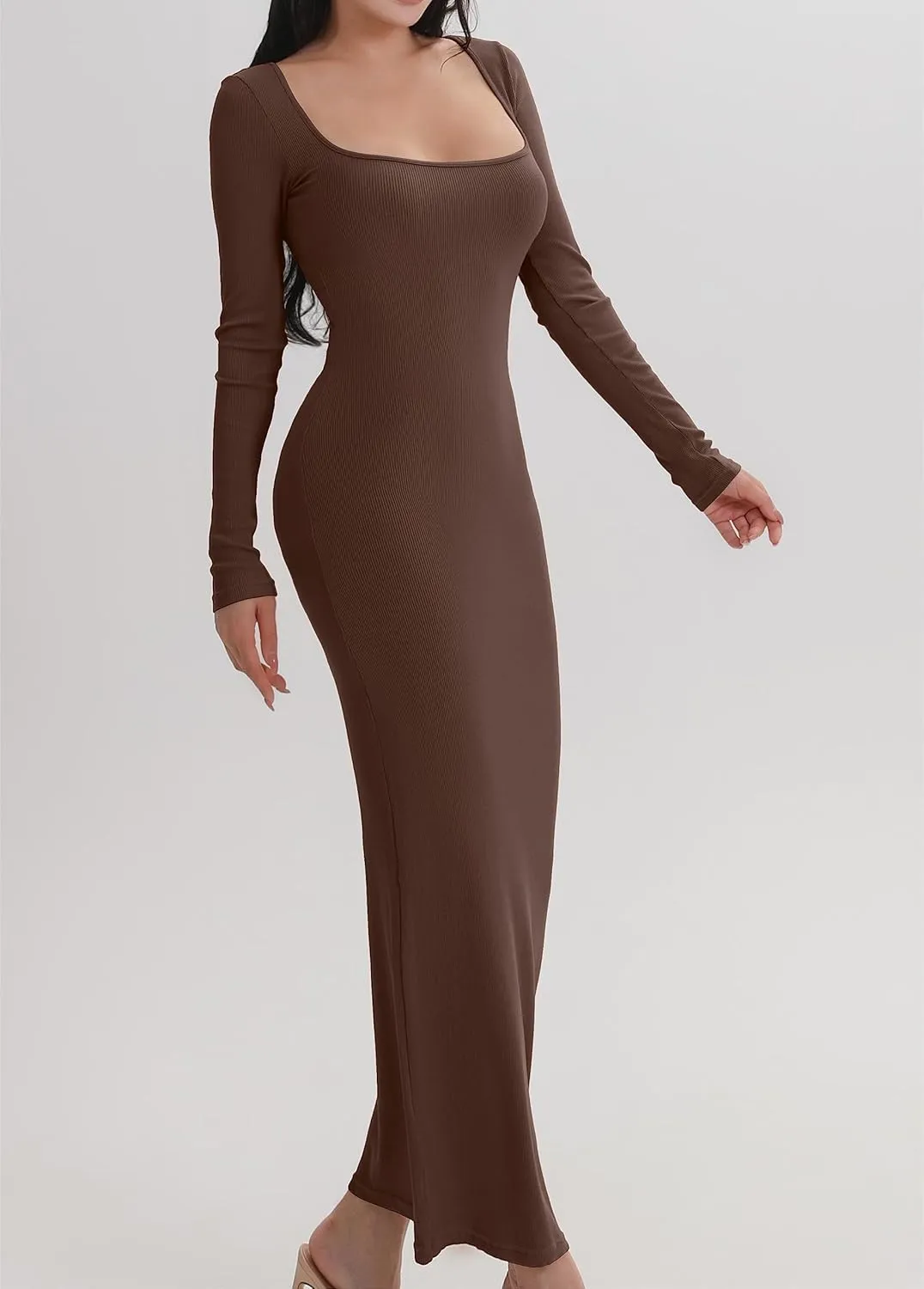 AYWA Women's Long Sleeve Square Neck Maxi Dress Ribbed Knitted Soft Lounge Bodycon Dress