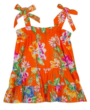 Baby Girls Floral Tiered with Bow Ties Ruffle Dress - Orange