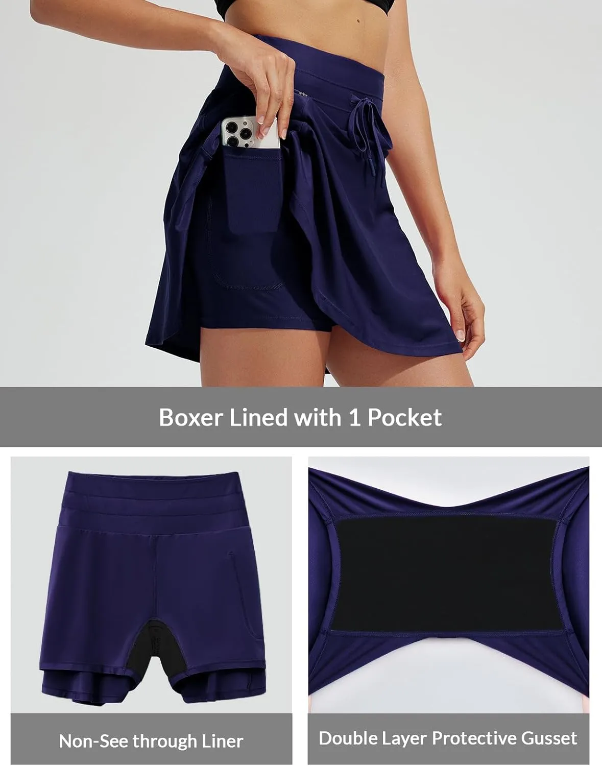 baleaf Women's High Waisted 15'' Swim Skirt Boxer Liner Quick Dry Bathing Suit Tankini Swimsuit Bottoms with Zipper Pocket