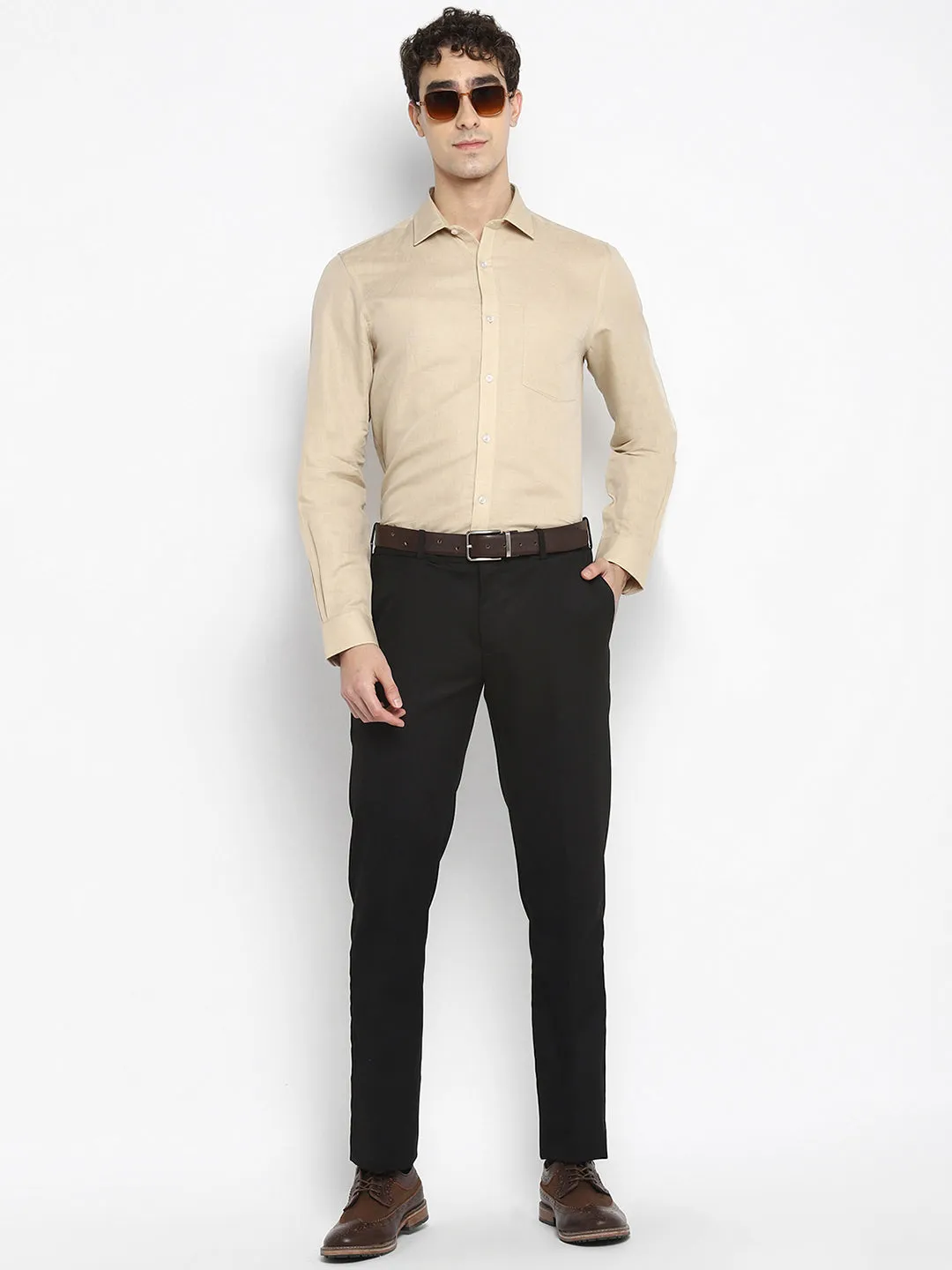 Beige Linen Solid Slim Fit Shirt