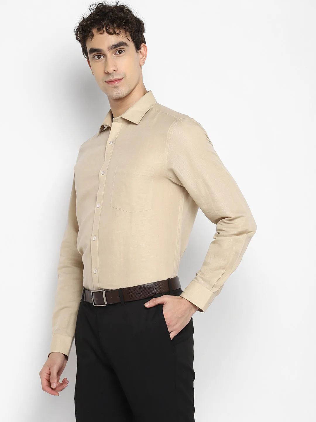Beige Linen Solid Slim Fit Shirt