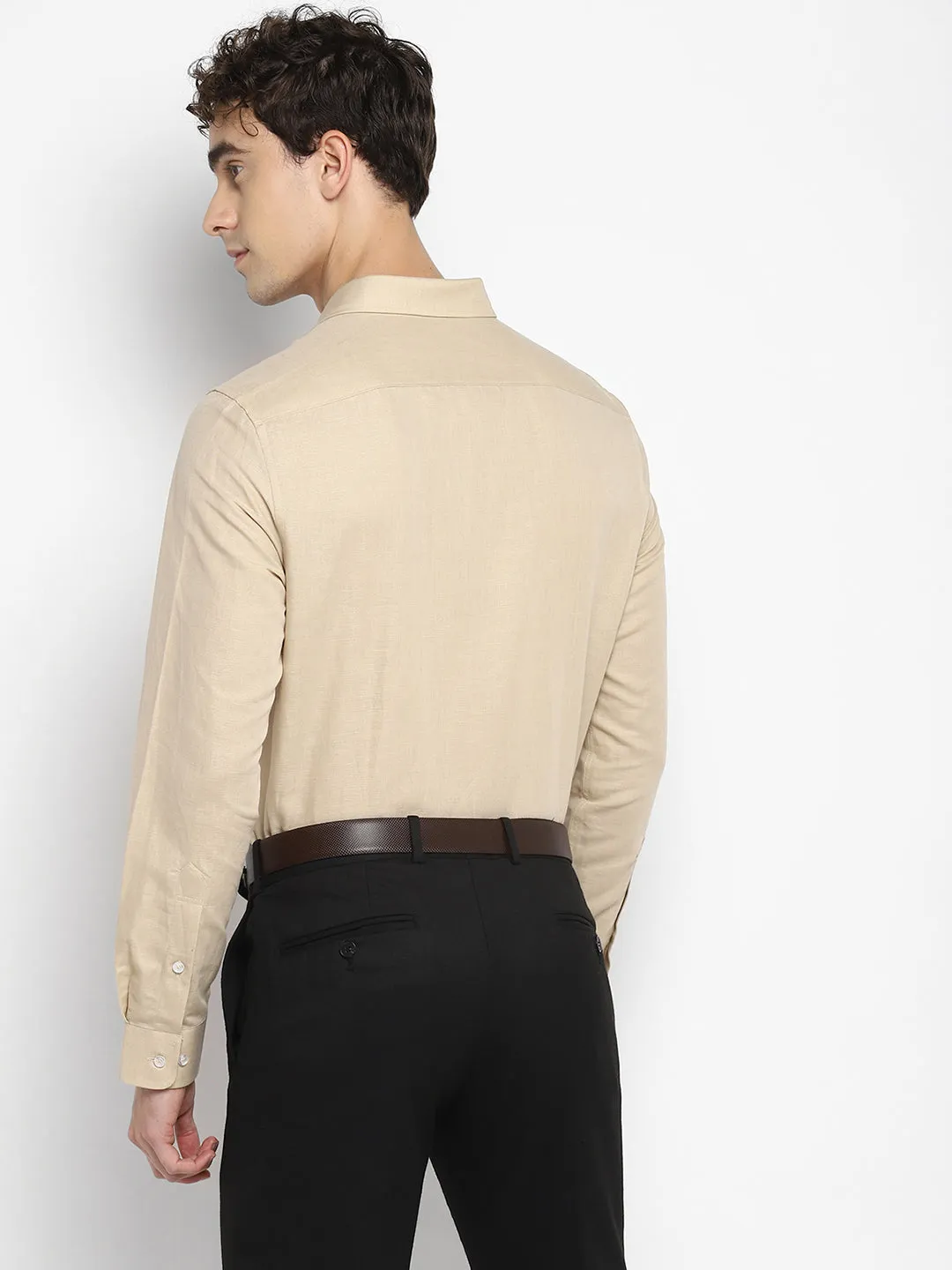 Beige Linen Solid Slim Fit Shirt
