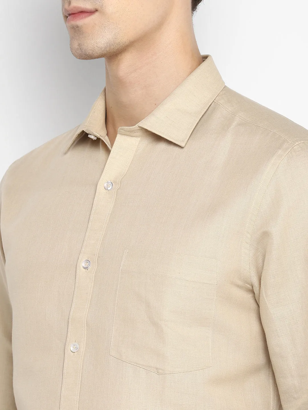 Beige Linen Solid Slim Fit Shirt