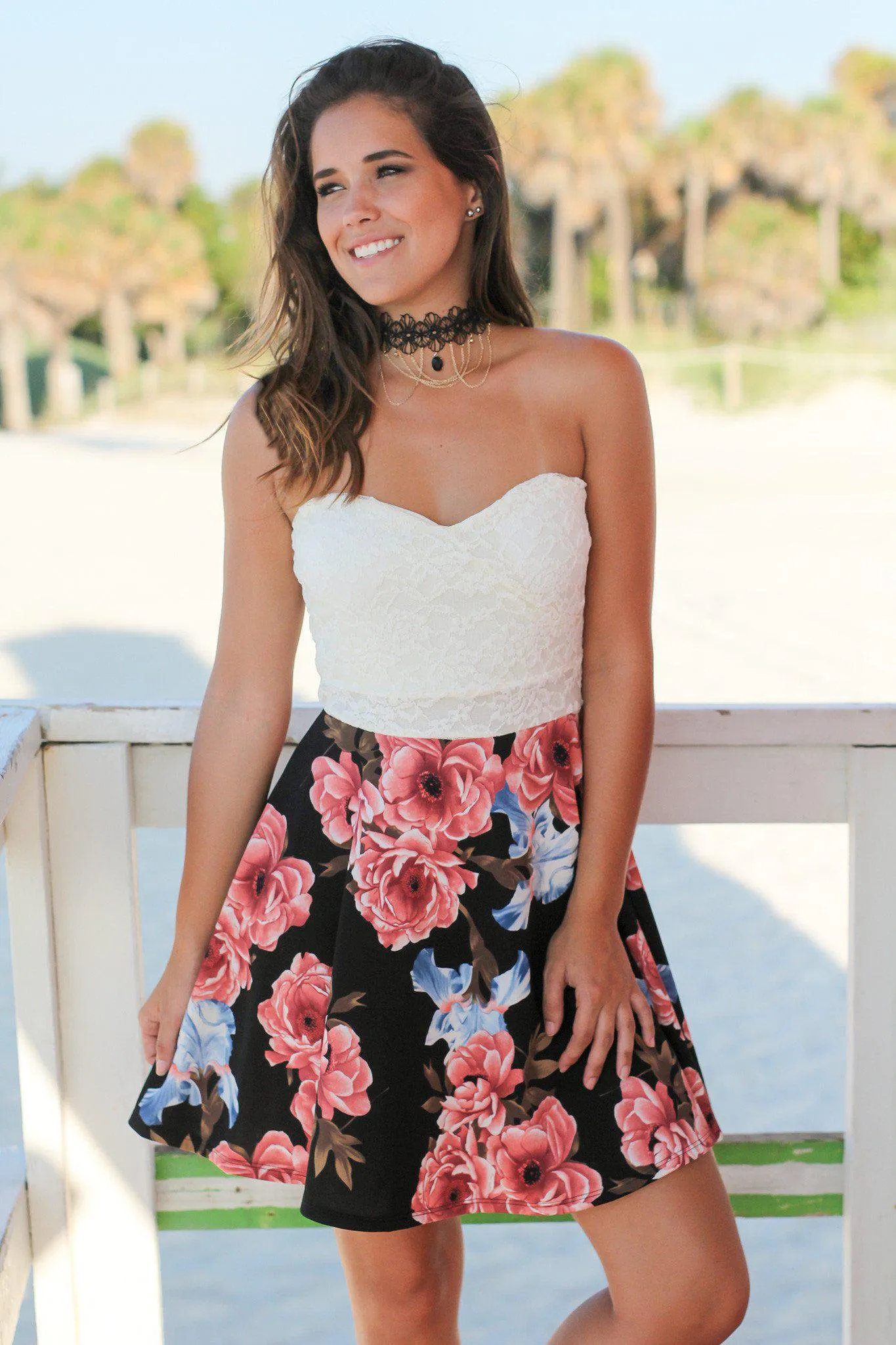 Black and Ivory Floral Short Dress with Lace Top