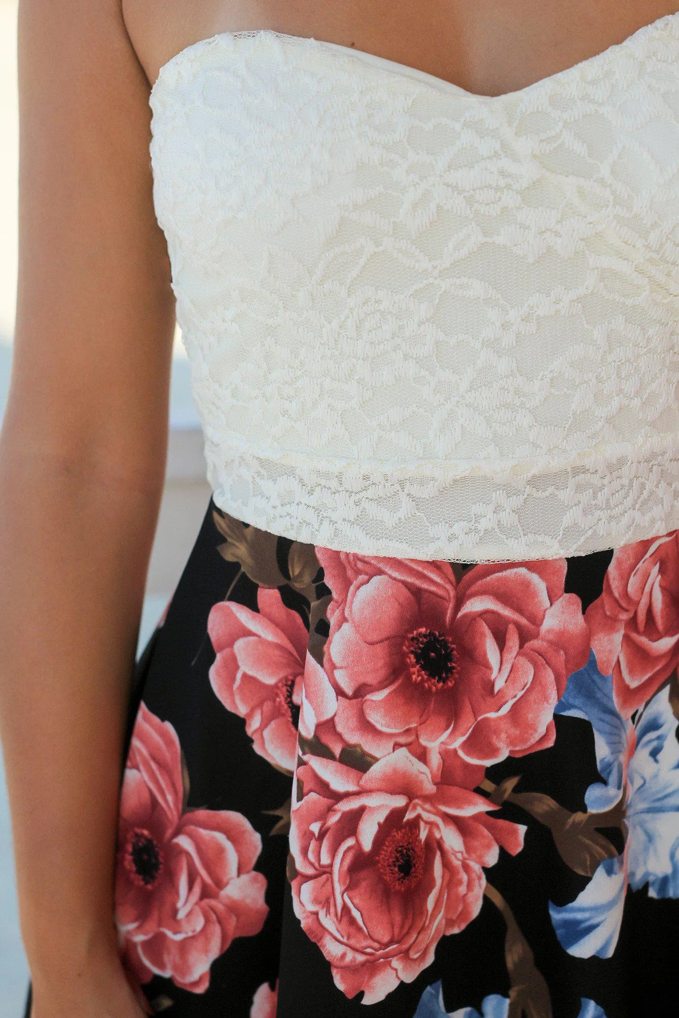 Black and Ivory Floral Short Dress with Lace Top
