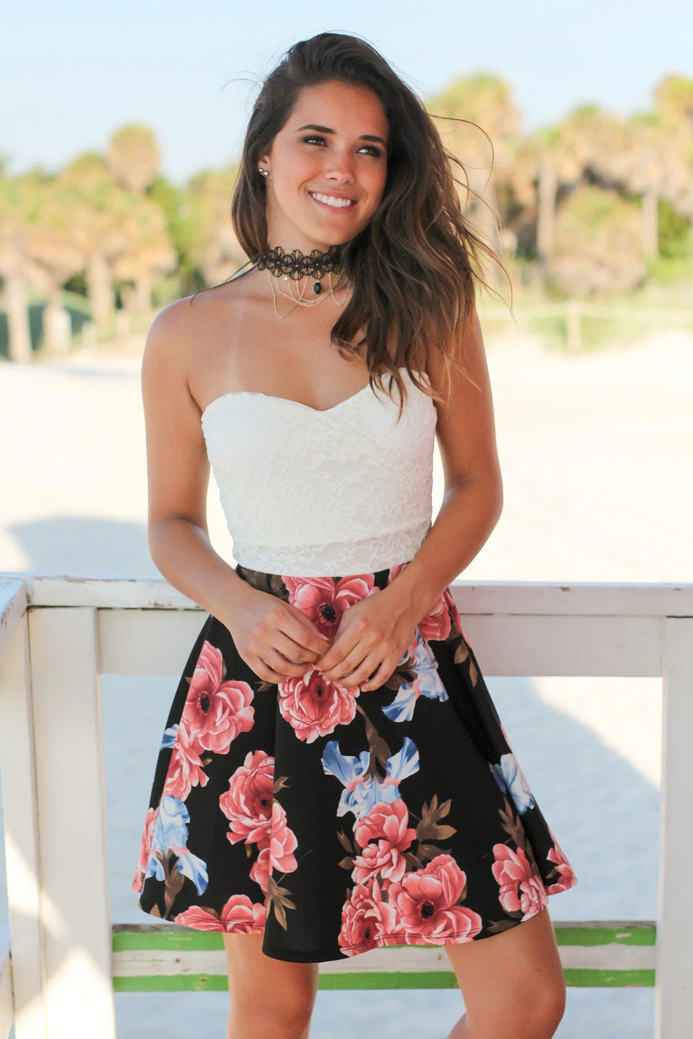 Black and Ivory Floral Short Dress with Lace Top