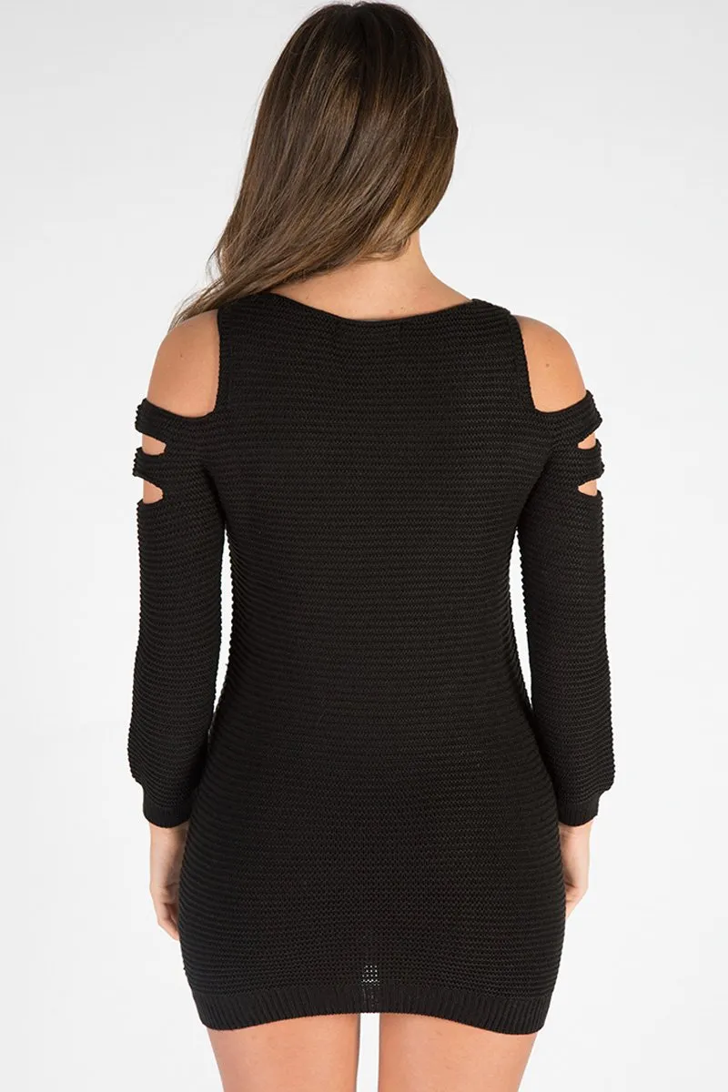 Black Knitted Cold Shoulder Cut Out Jumper Dress - Sienna
