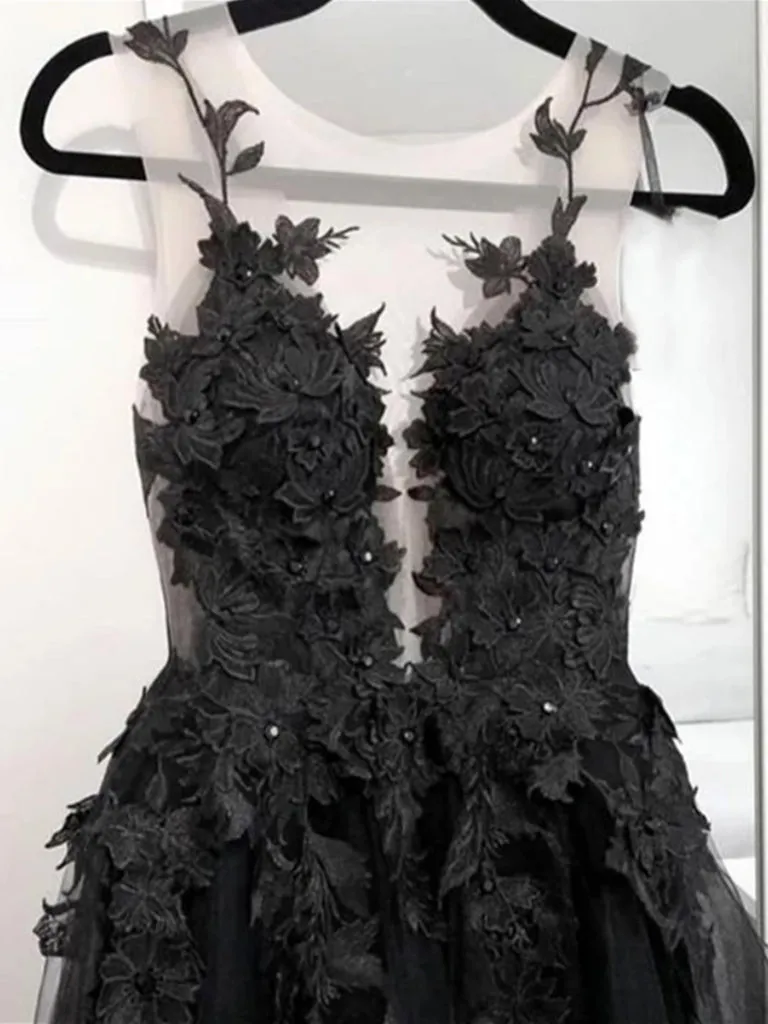 Black Tulle Lace Appliques Long Prom, Black Lace Formal, Black Evening