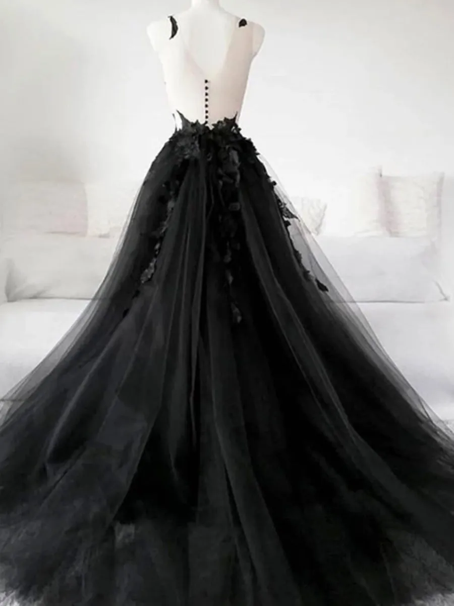 Black Tulle Lace Appliques Long Prom, Black Lace Formal, Black Evening
