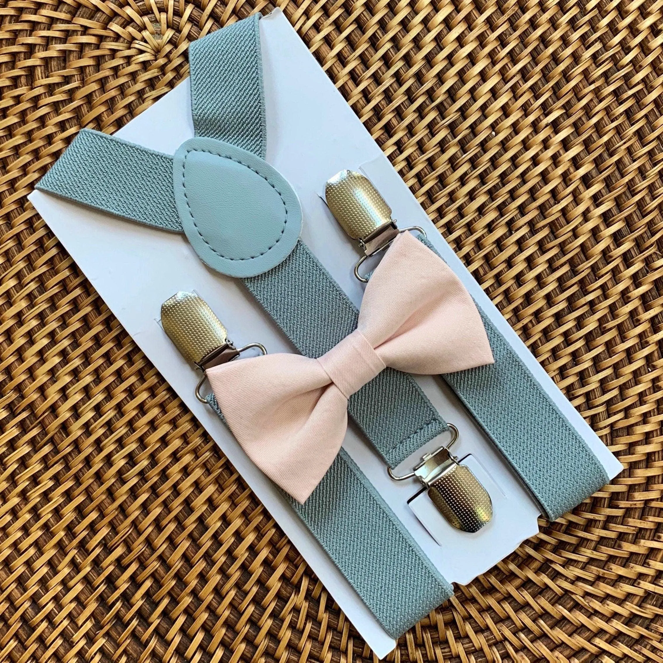 Blush Bow Tie & Light Grey Suspenders Set