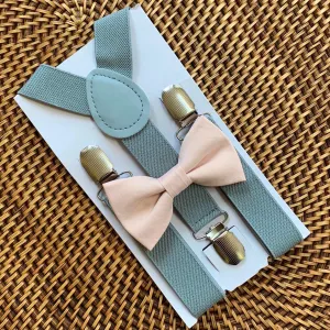 Blush Bow Tie & Light Grey Suspenders Set