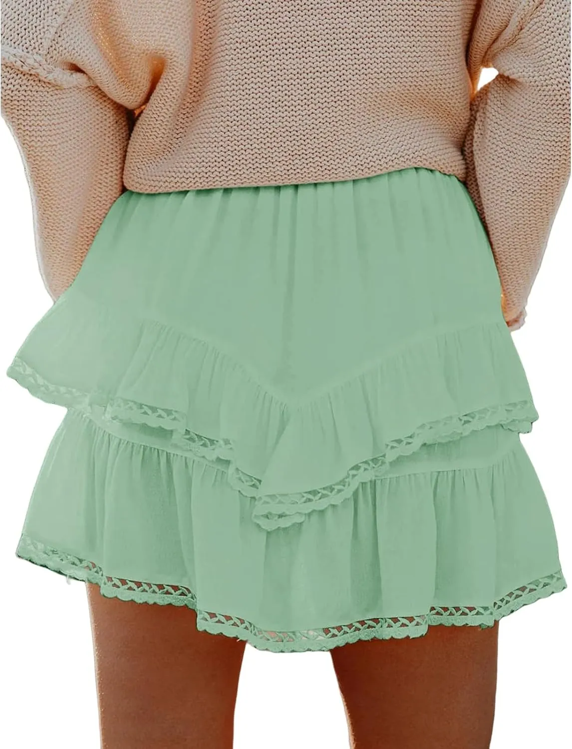 Boho Mini Skirts for Women Summer Flowy Elastic High Waist Tiered Ruffle Hem Skorts Casual Fashion Lace Beach Skirts