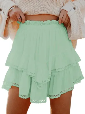 Boho Mini Skirts for Women Summer Flowy Elastic High Waist Tiered Ruffle Hem Skorts Casual Fashion Lace Beach Skirts