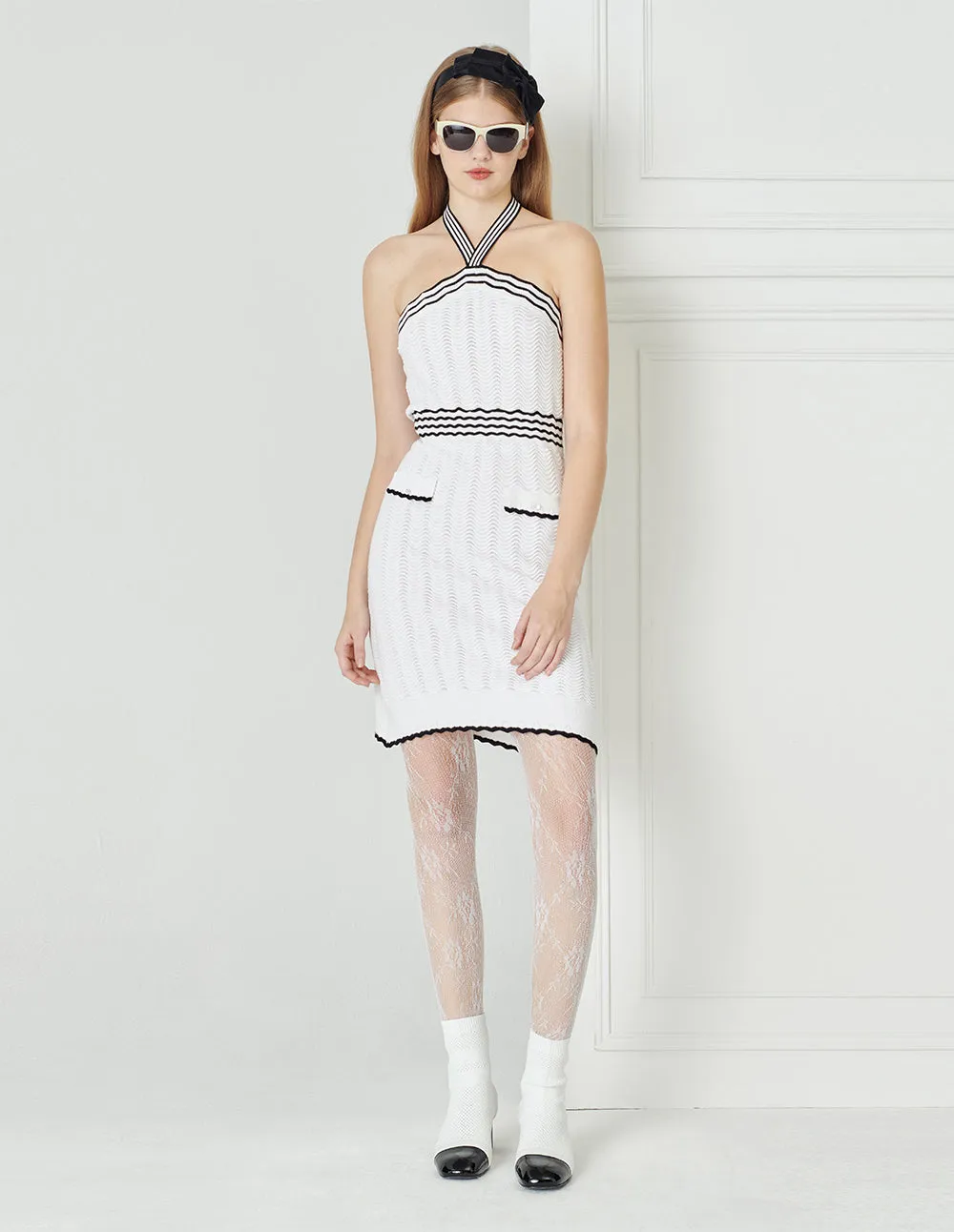 BORA AKSU Halter Neck Ripple Textured-Knit Sleeveless Dress