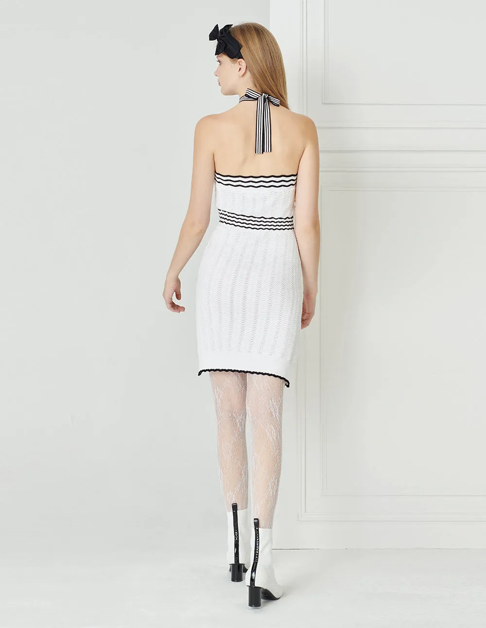 BORA AKSU Halter Neck Ripple Textured-Knit Sleeveless Dress