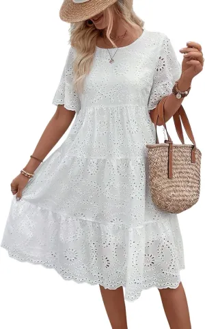 chouyatou Women's Lace Eyelet Short Sleeve Tiered Midi Long Dress Ruffle Hem Babydoll Short Dress