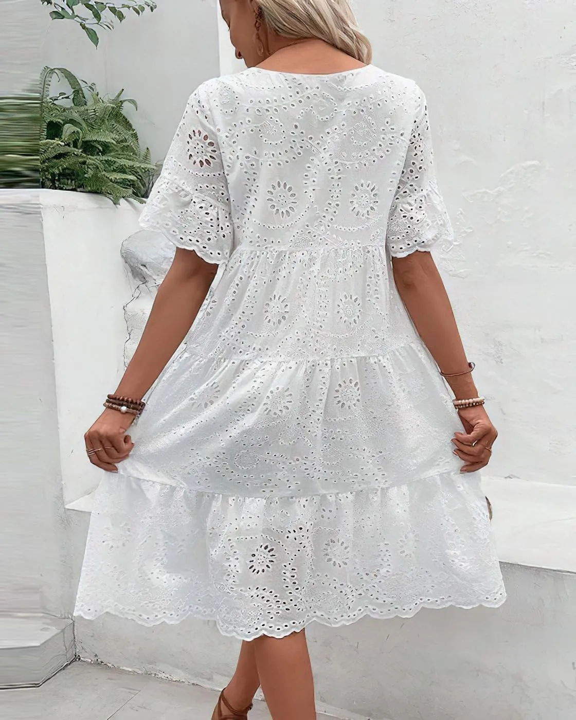 chouyatou Women's Lace Eyelet Short Sleeve Tiered Midi Long Dress Ruffle Hem Babydoll Short Dress