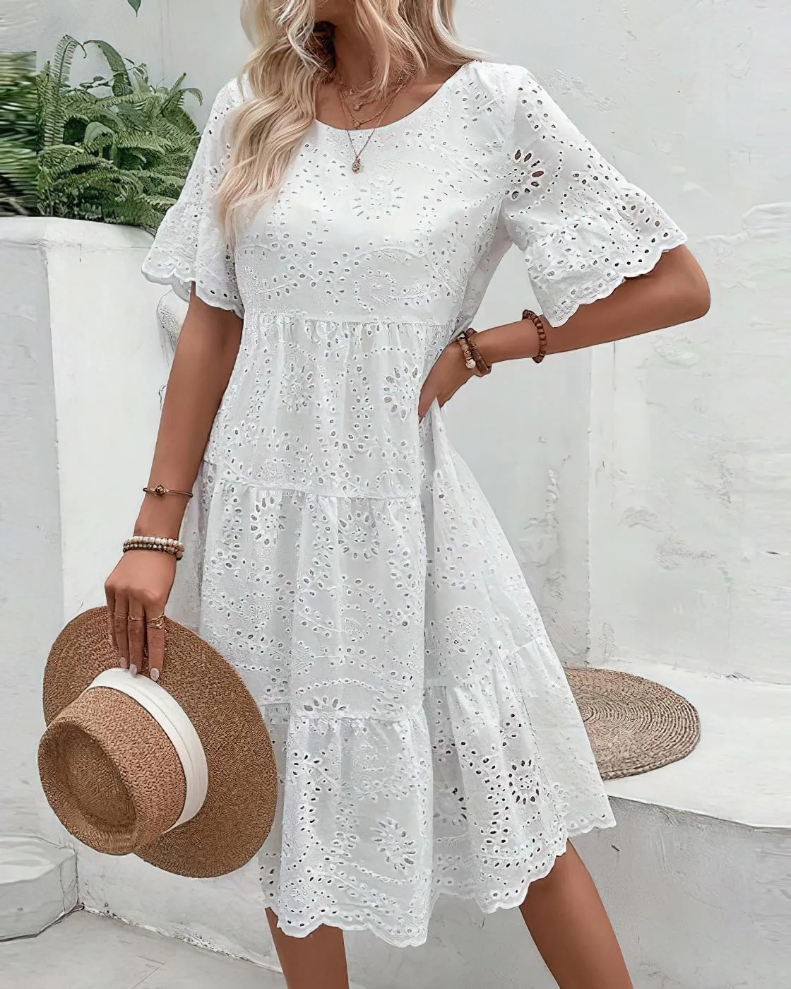 chouyatou Women's Lace Eyelet Short Sleeve Tiered Midi Long Dress Ruffle Hem Babydoll Short Dress