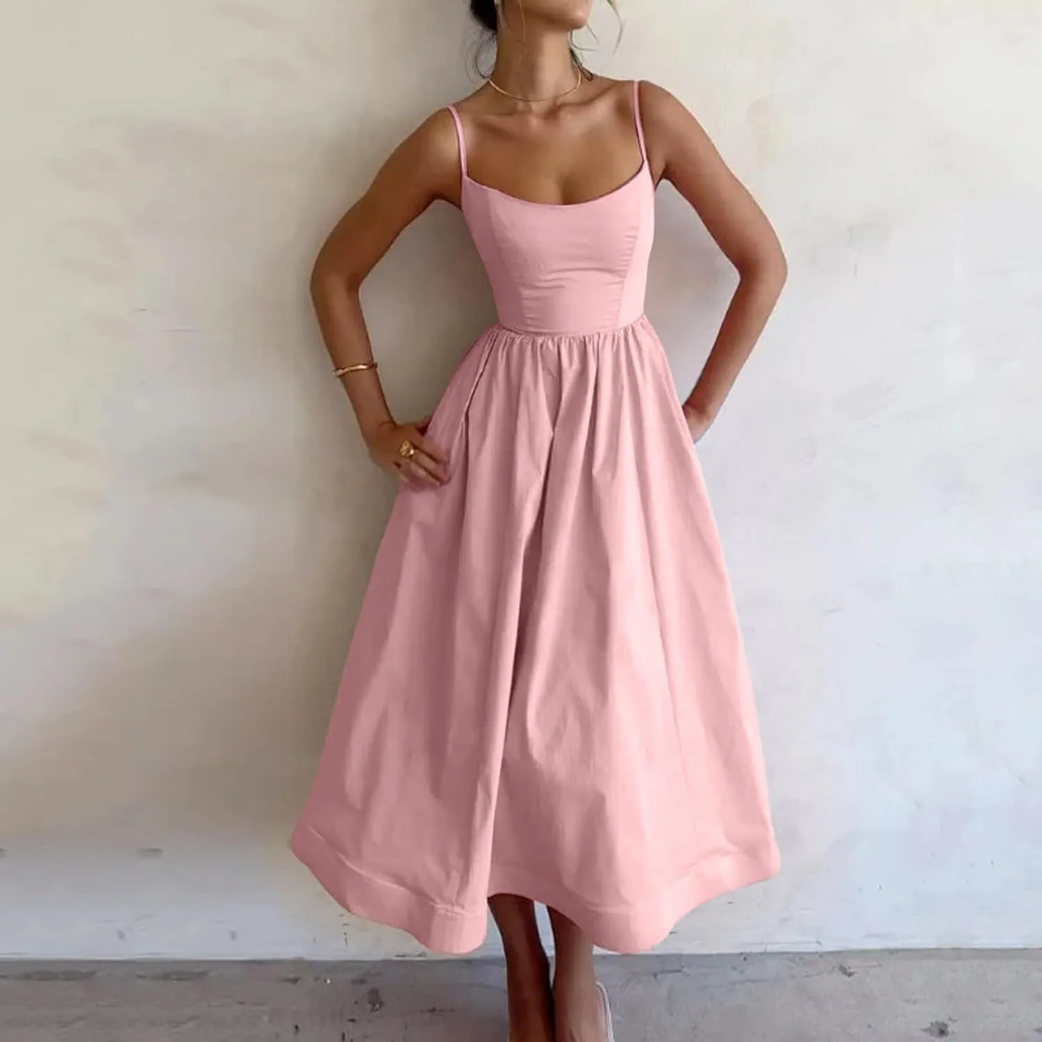 Corset Dress for Women Formal Spaghetti Strap Bustier Midi Dresses Flowy Pleated Hem Corset Sundress with Pockets