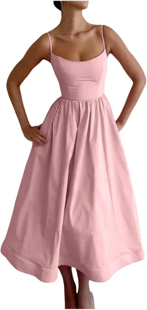 Corset Dress for Women Formal Spaghetti Strap Bustier Midi Dresses Flowy Pleated Hem Corset Sundress with Pockets