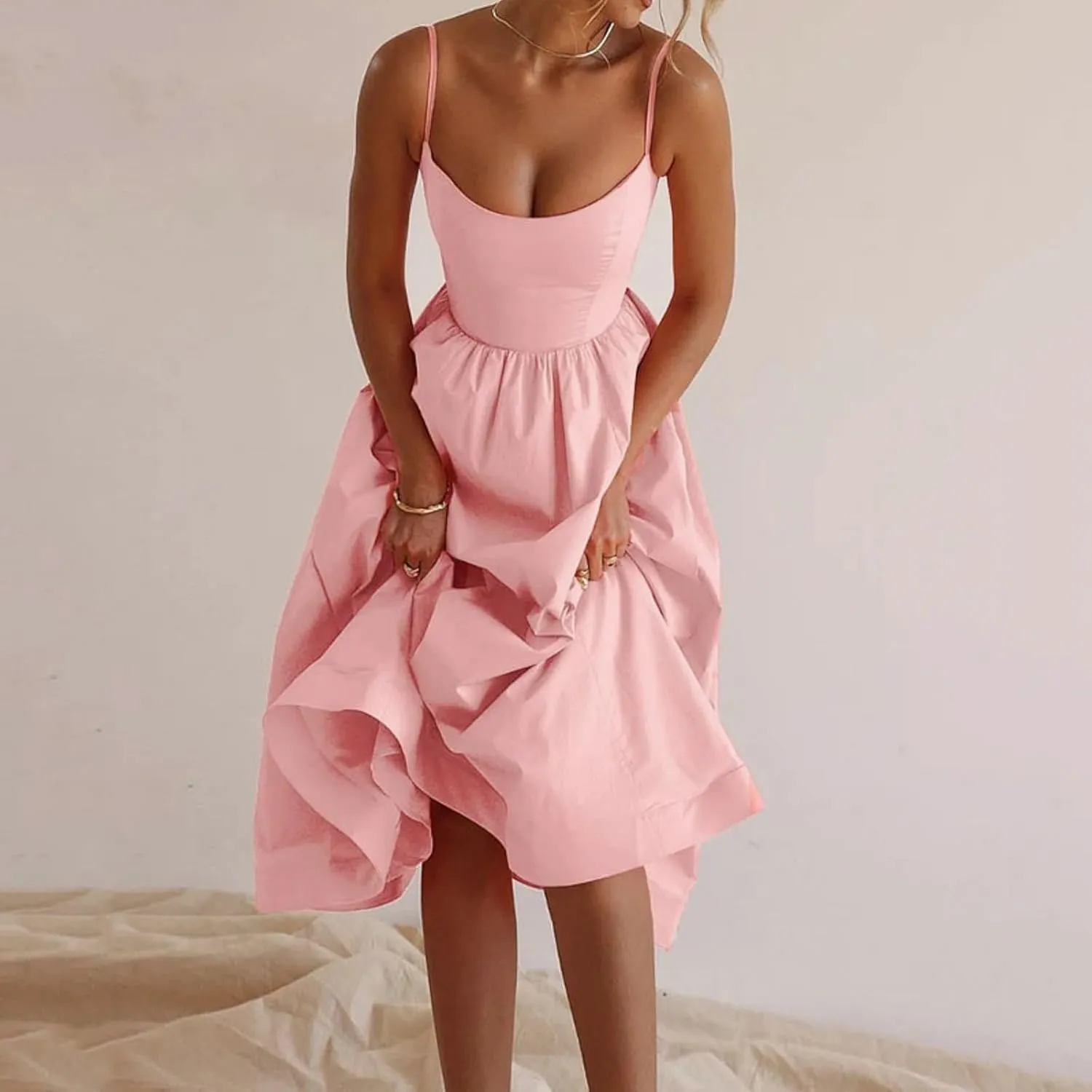 Corset Dress for Women Formal Spaghetti Strap Bustier Midi Dresses Flowy Pleated Hem Corset Sundress with Pockets