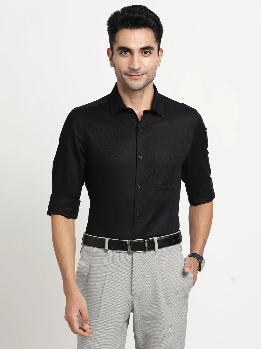 Cotton Black Dobby Full Sleeve Formal Shirt