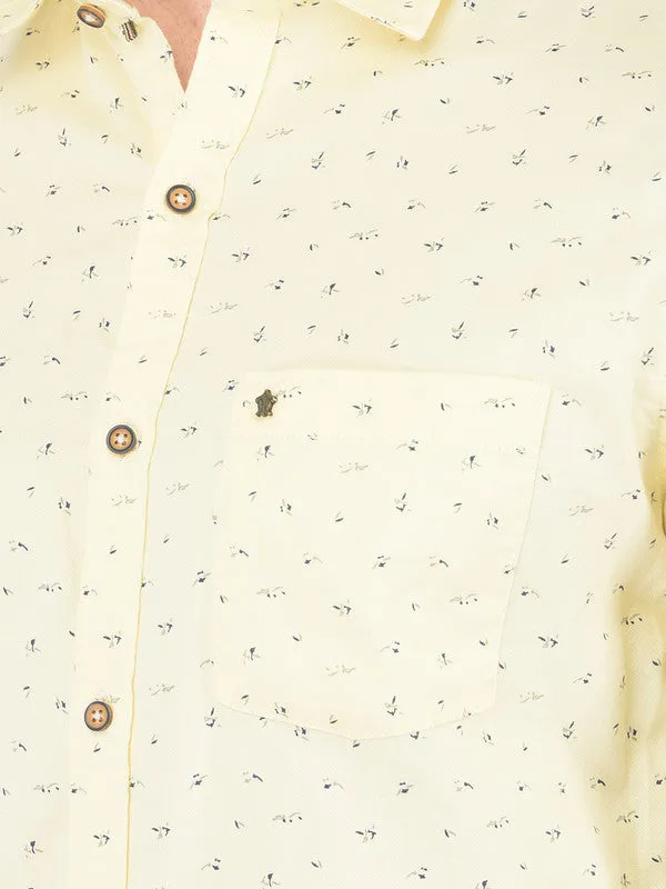 Cotton Cream Slim Fit Printed Shirt