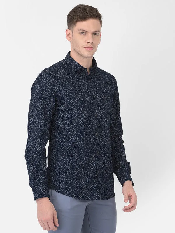 Cotton Dark Blue Slim Fit Printed Shirt