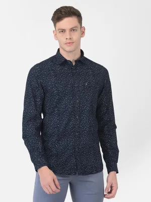 Cotton Dark Blue Slim Fit Printed Shirt