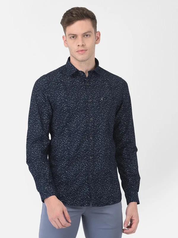 Cotton Dark Blue Slim Fit Printed Shirt