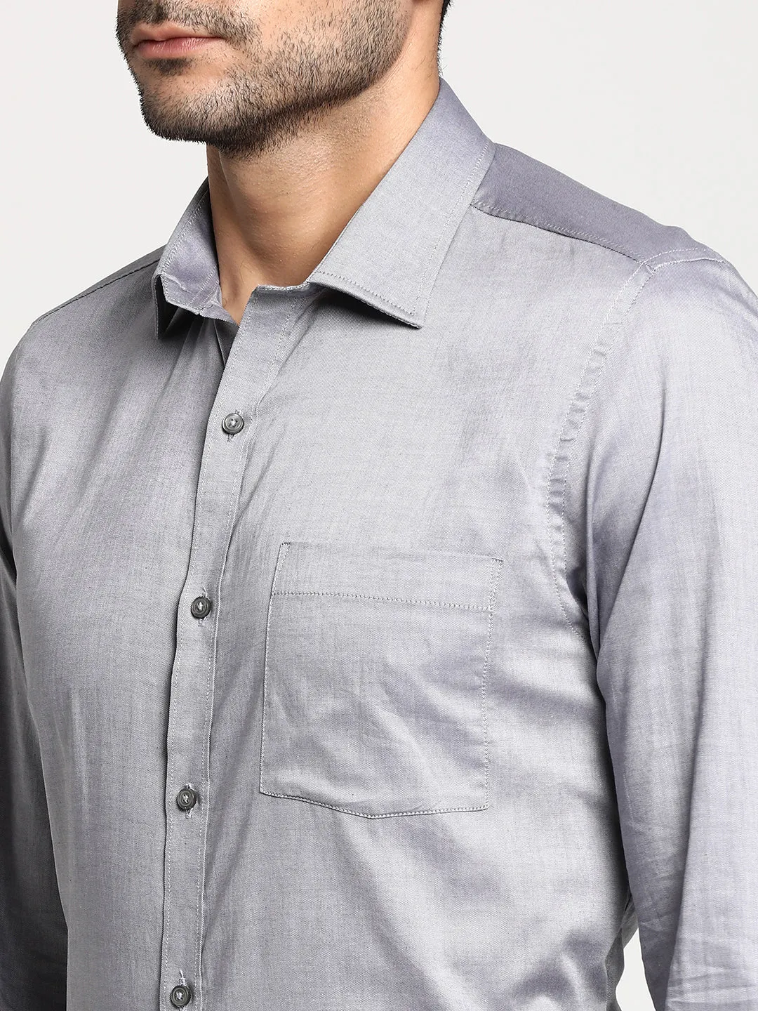 Cotton Grey Slim Fit Solid Casual Shirt