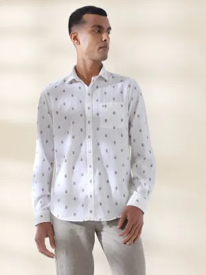 Cotton Linen White Printed Full Sleeve Casual Shirt