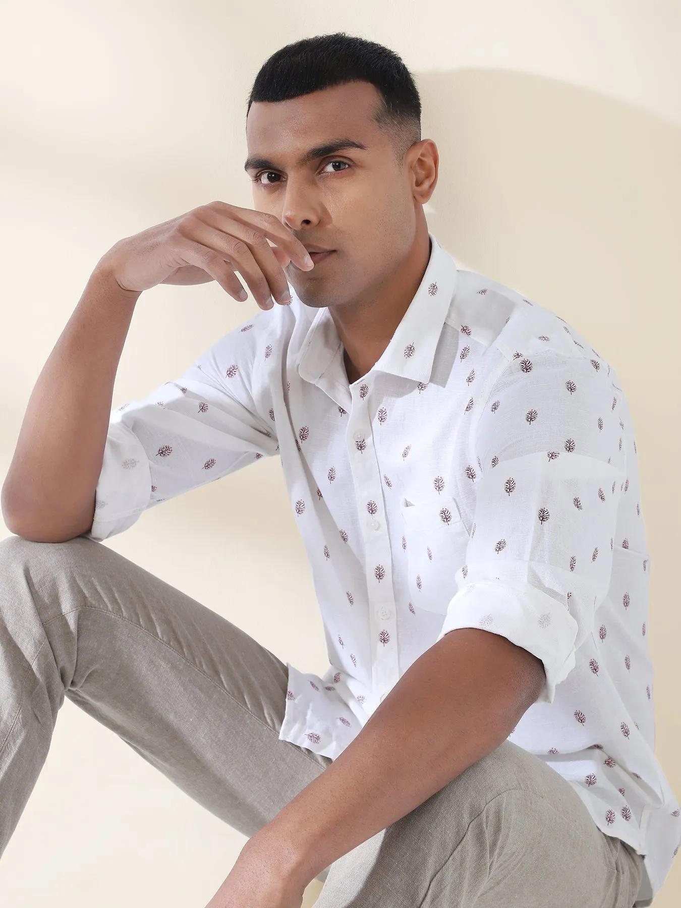 Cotton Linen White Printed Full Sleeve Casual Shirt