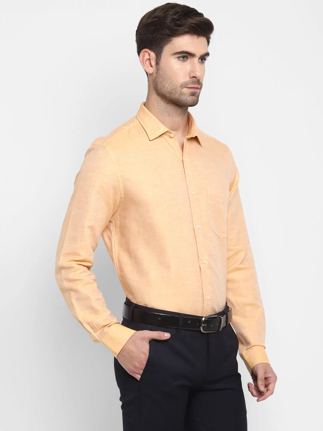 Cotton Linen Yellow Plain Slim Fit Full Sleeve Formal Shirt